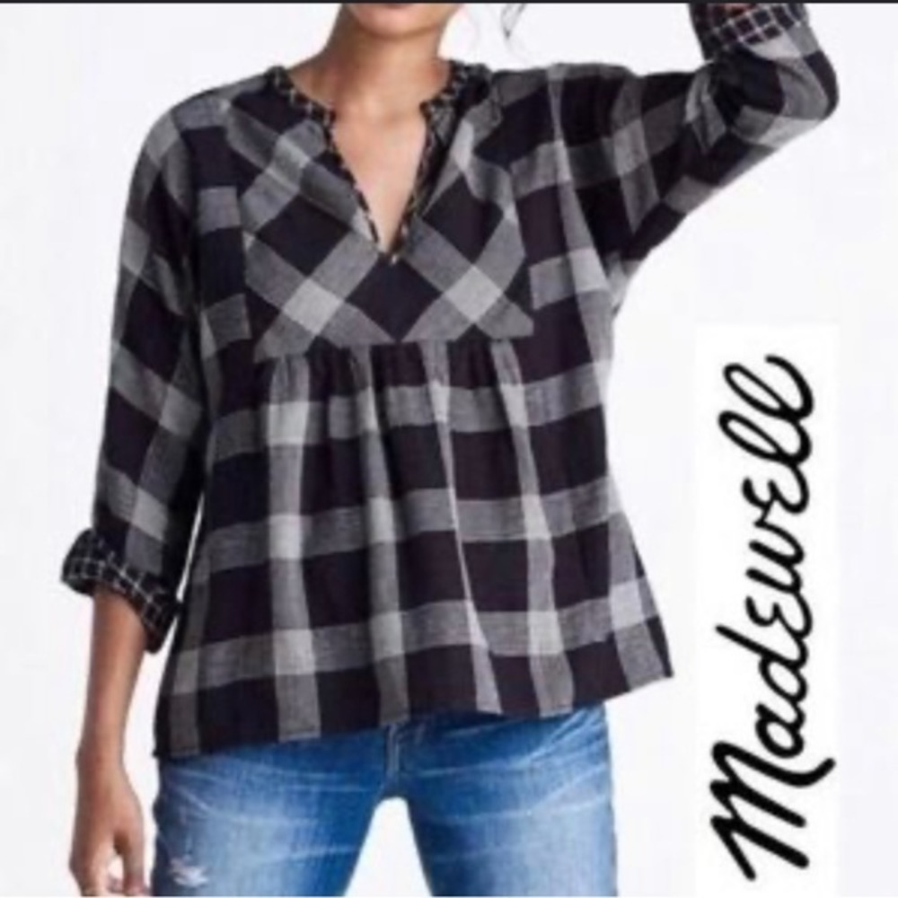 Madewell Black and Gray Plaid Peasant Blouse